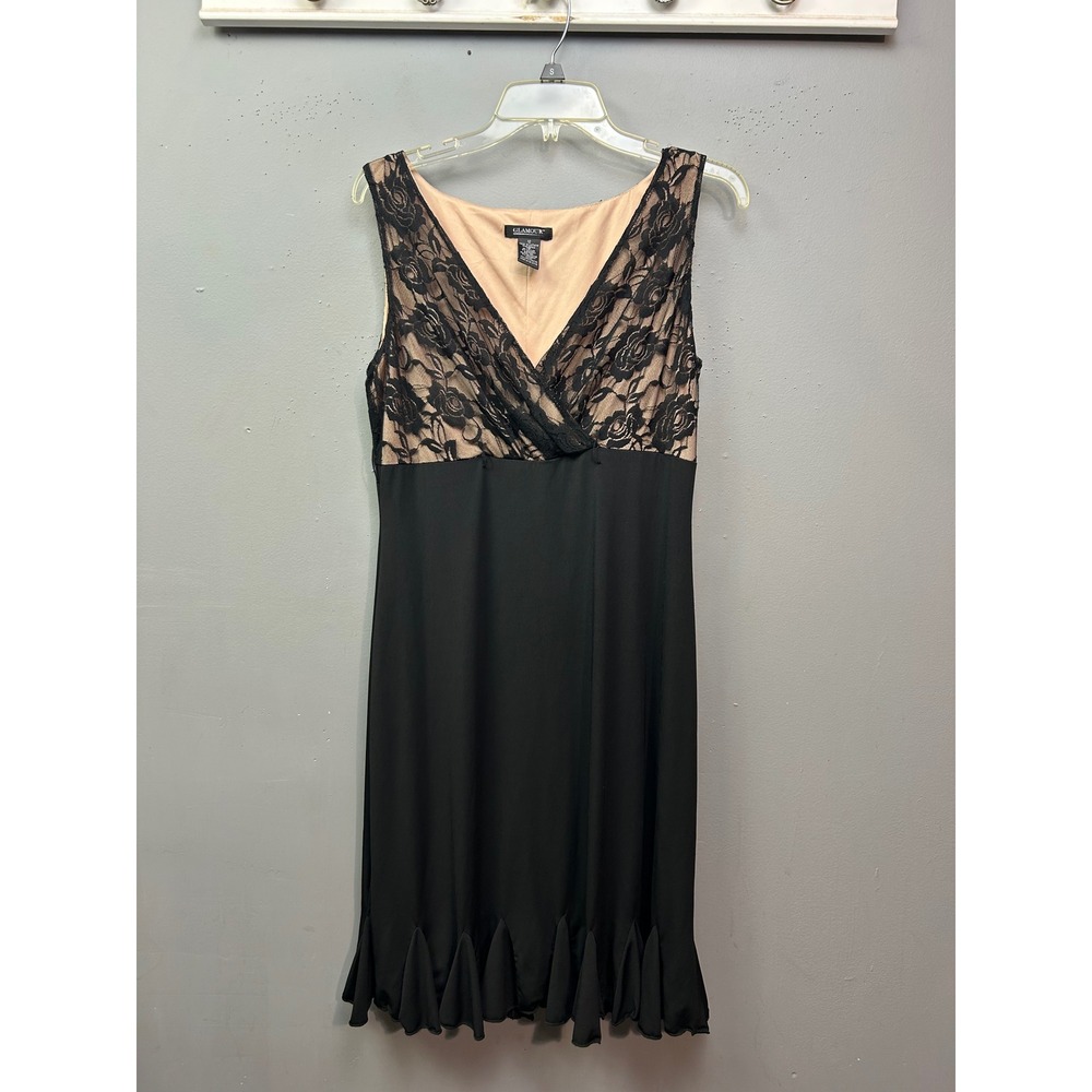 Glamour Dress Womens 12 Black Nude Lace V-Neck Ruffle Hem Cocktail Evening